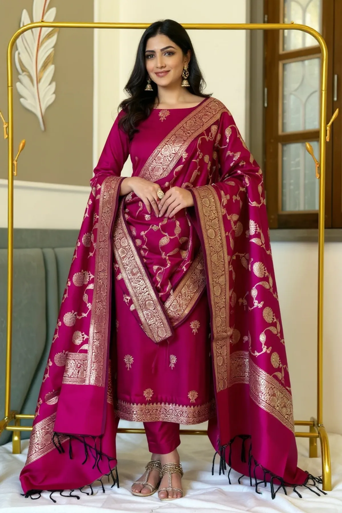 Rani pink Banarasi Silk Zari Suit Set